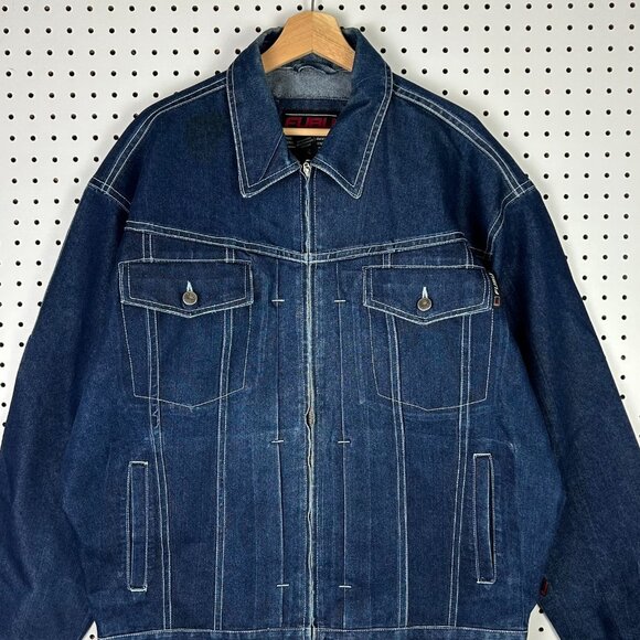 FUBU Denim Y2K Trucker Jacket Mens Large 90s Streetwear Blue Full Zip READ Skate - Picture 2 of 10